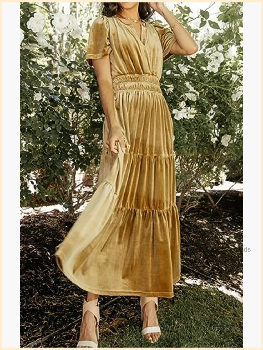 Velvet Short Sleeve V Neck Elastic Waist Tiered Ruffle A-Line Flowy Maxi Dress - Picture 3 of 7